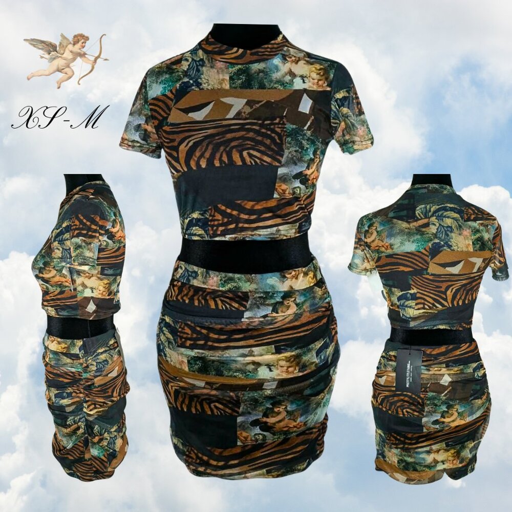 PrettyLittleThing Renaissance Cherub Print 2Piece Set Ruched Mini Skirt Crop Top